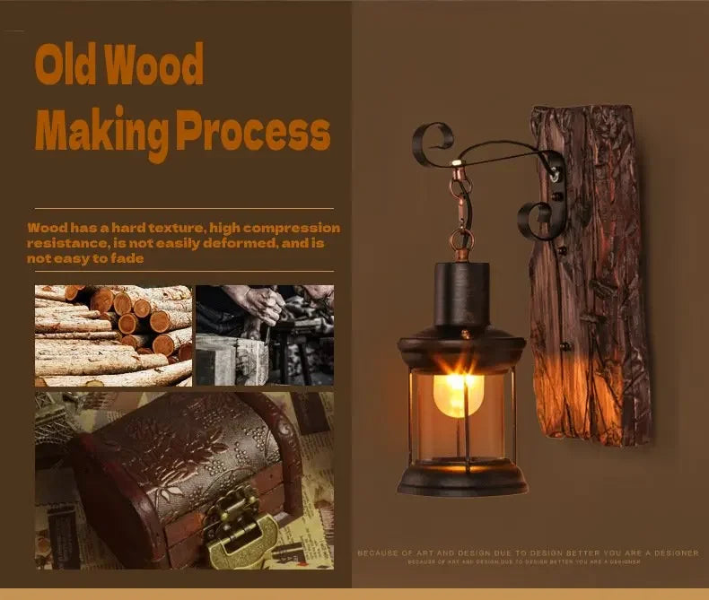 Industrial Wall Sconce for Hallway - Natural wood finish & Wrought iron frame