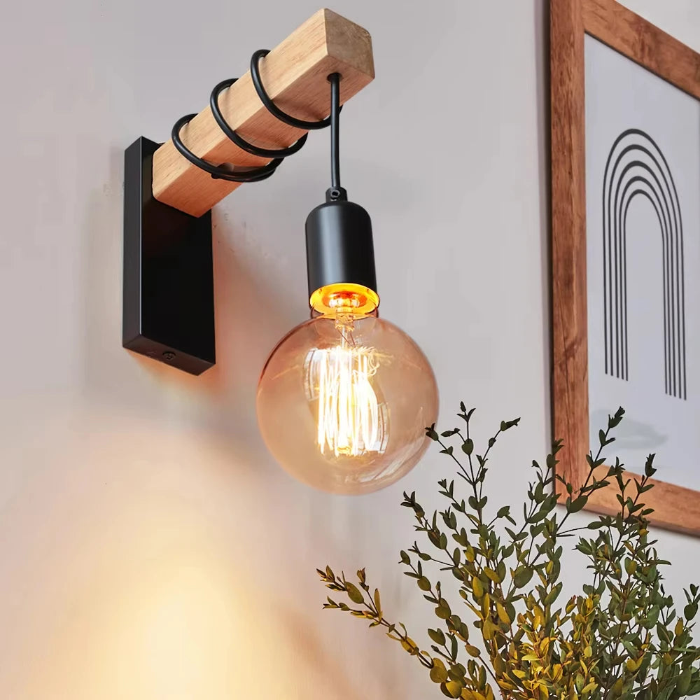 Industrial Wall Sconce for Restaurant - Natural wood finish & E27 bulb fitting