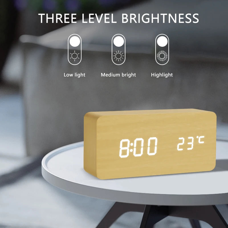Modern LED Alarm Clock for Desk - USB powered & Natural wood finish