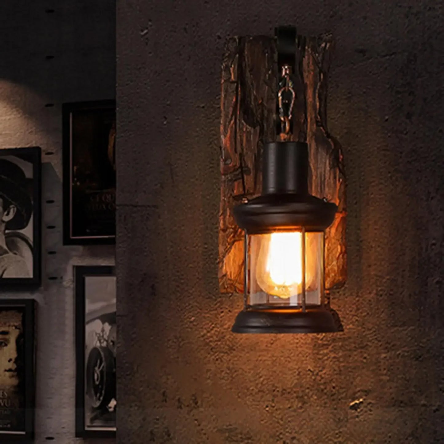 Industrial Wall Sconce for Hallway - Natural wood finish & Wrought iron frame