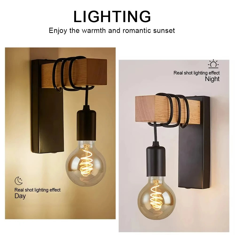 Industrial Wall Sconce for Restaurant - Natural wood finish & E27 bulb fitting