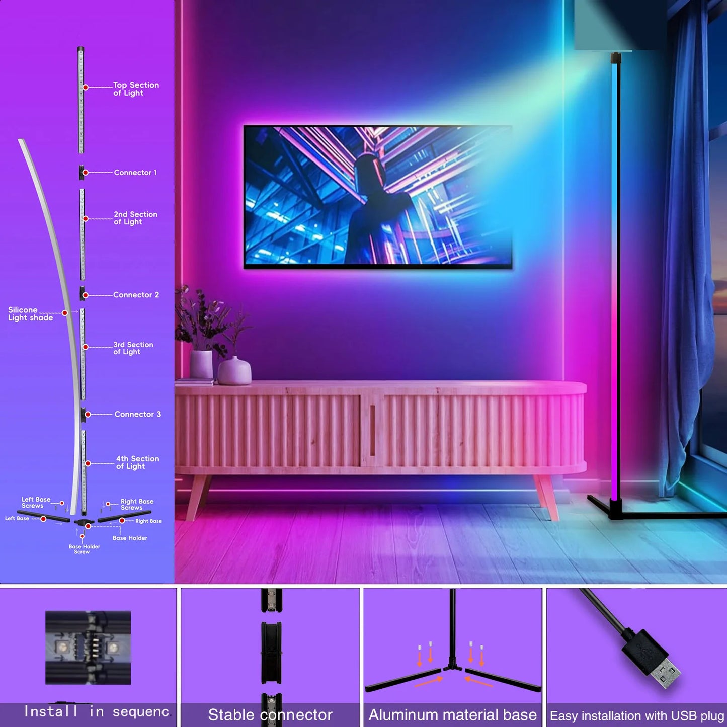 Modern Floor Lamp for Bedroom - Multicolor RGB light & Music sync mode