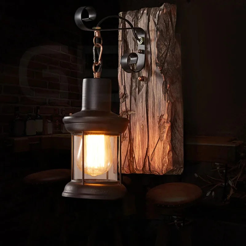 Industrial Wall Sconce for Hallway - Natural wood finish & Wrought iron frame