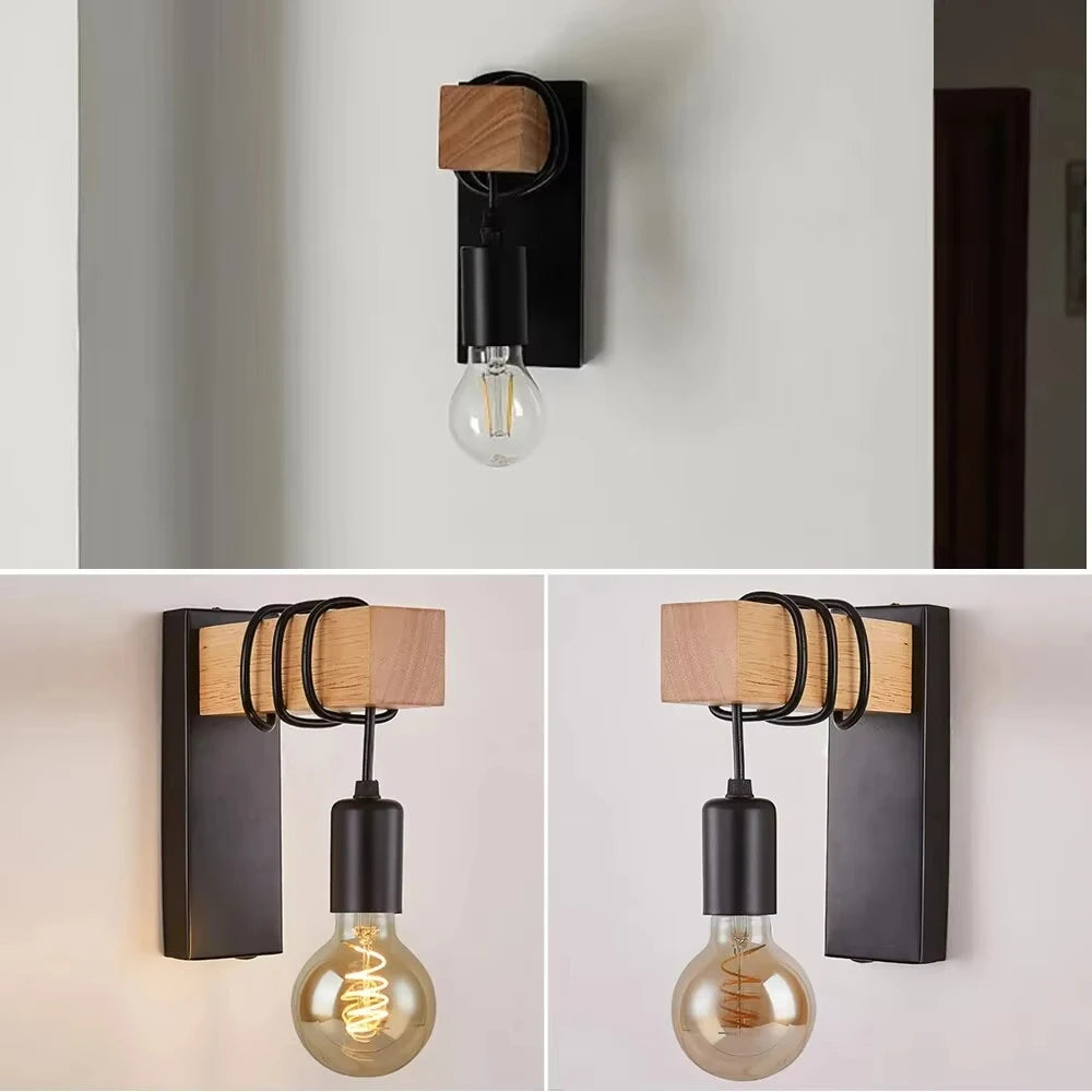 Industrial Wall Sconce for Restaurant - Natural wood finish & E27 bulb fitting