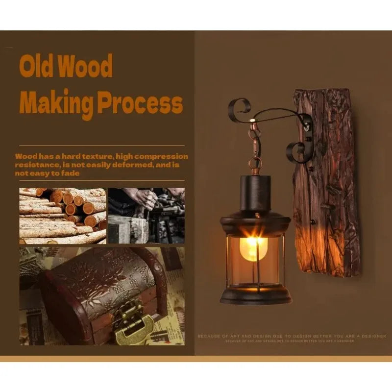 Industrial Wall Sconce for Hallway - Natural wood finish & Wrought iron frame