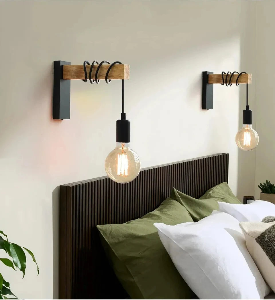 Industrial Wall Sconce for Restaurant - Natural wood finish & E27 bulb fitting