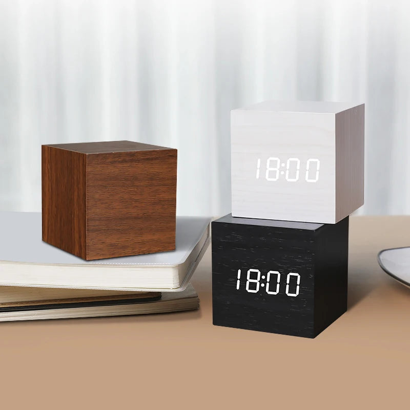 Modern LED Alarm Clock for Desk - USB powered & Natural wood finish