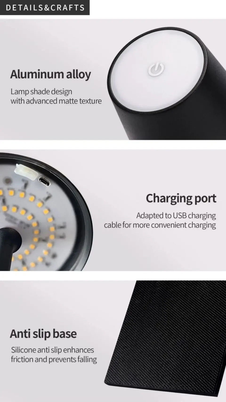 Modern Table Lamp for Bedroom - Rechargeable battery & USB powered