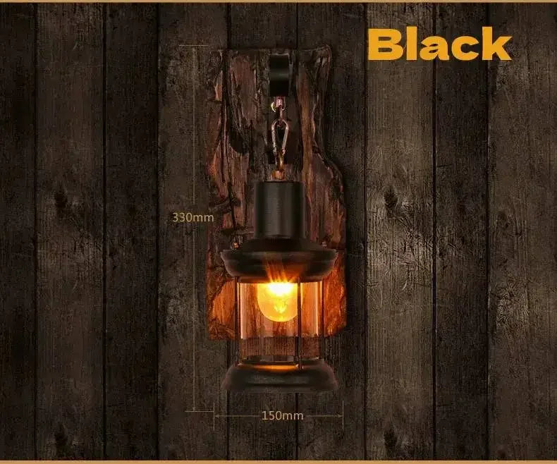 Industrial Wall Sconce for Hallway - Natural wood finish & Wrought iron frame