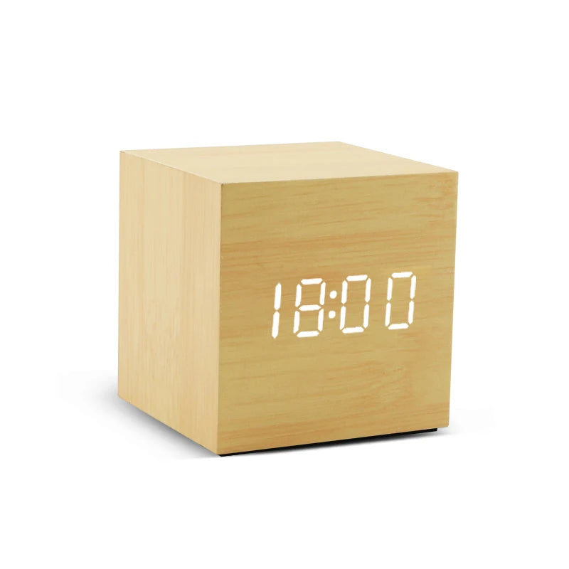 Modern LED Alarm Clock for Desk - USB powered & Natural wood finish