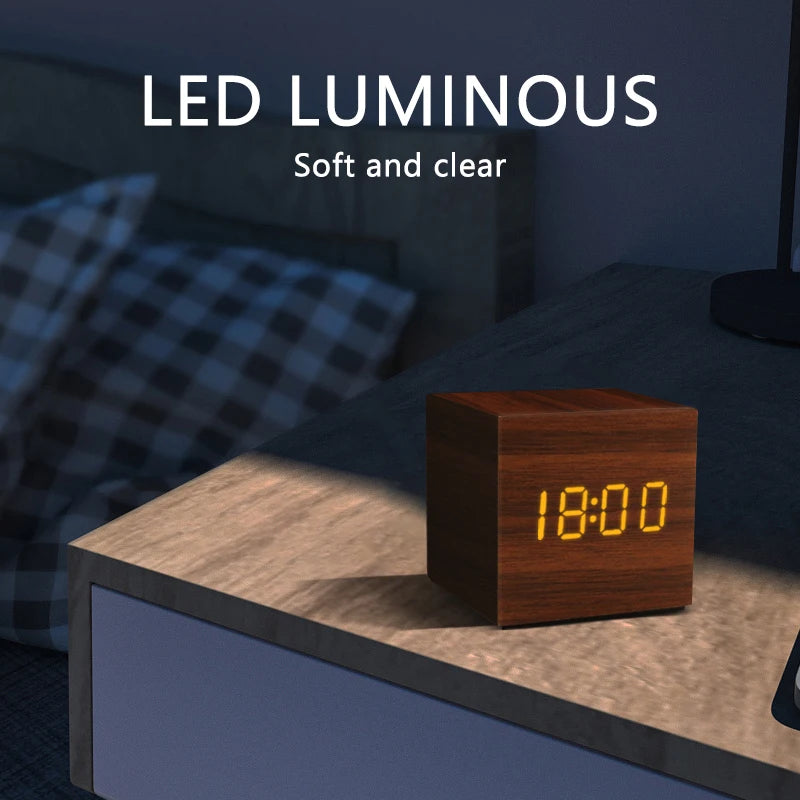 Modern LED Alarm Clock for Desk - USB powered & Natural wood finish