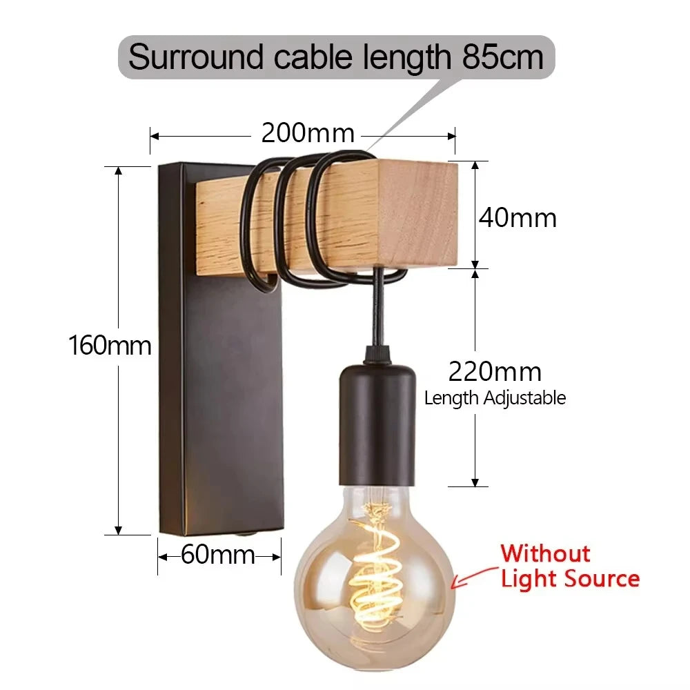 Industrial Wall Sconce for Restaurant - Natural wood finish & E27 bulb fitting