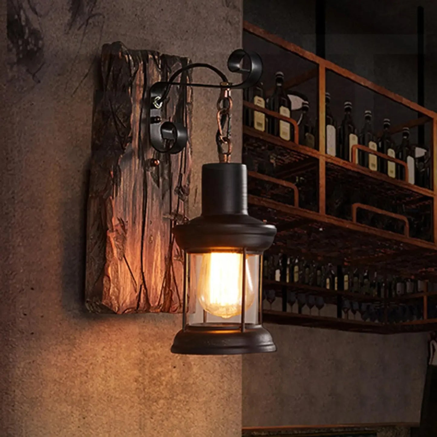 Industrial Wall Sconce for Hallway - Natural wood finish & Wrought iron frame