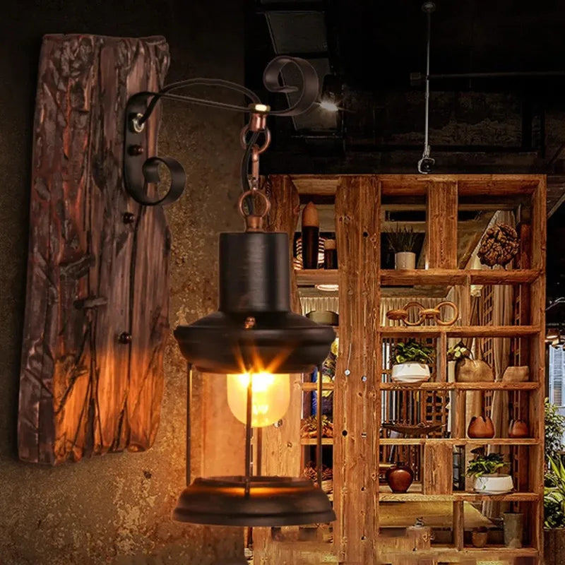 Industrial Wall Sconce for Hallway - Natural wood finish & Wrought iron frame