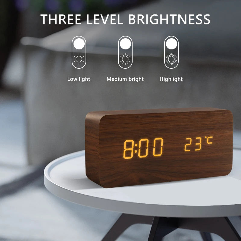 Modern LED Alarm Clock for Desk - USB powered & Natural wood finish