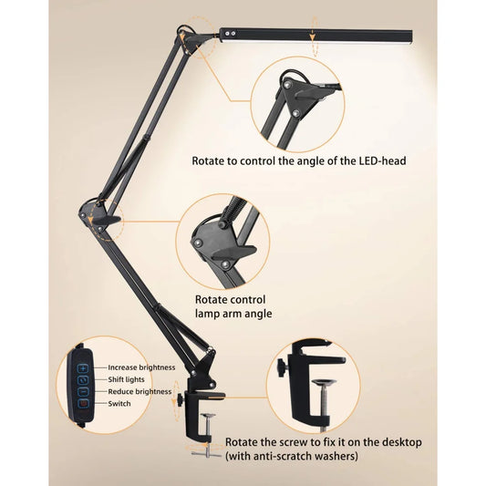 Modern LED Desk Lamp for Home - Stepless dimmable & Clamp mount included