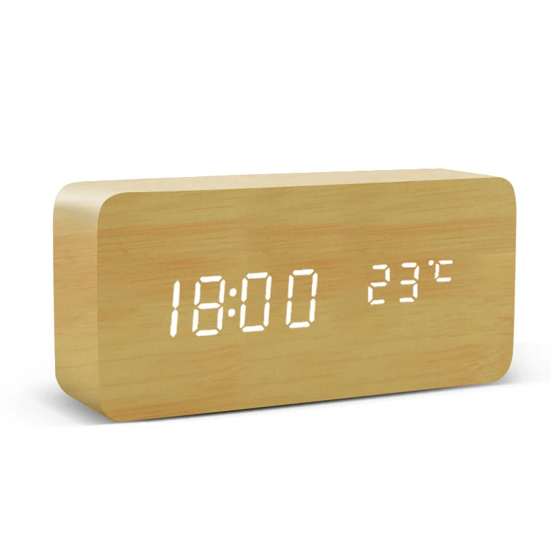 Modern LED Alarm Clock for Desk - USB powered & Natural wood finish