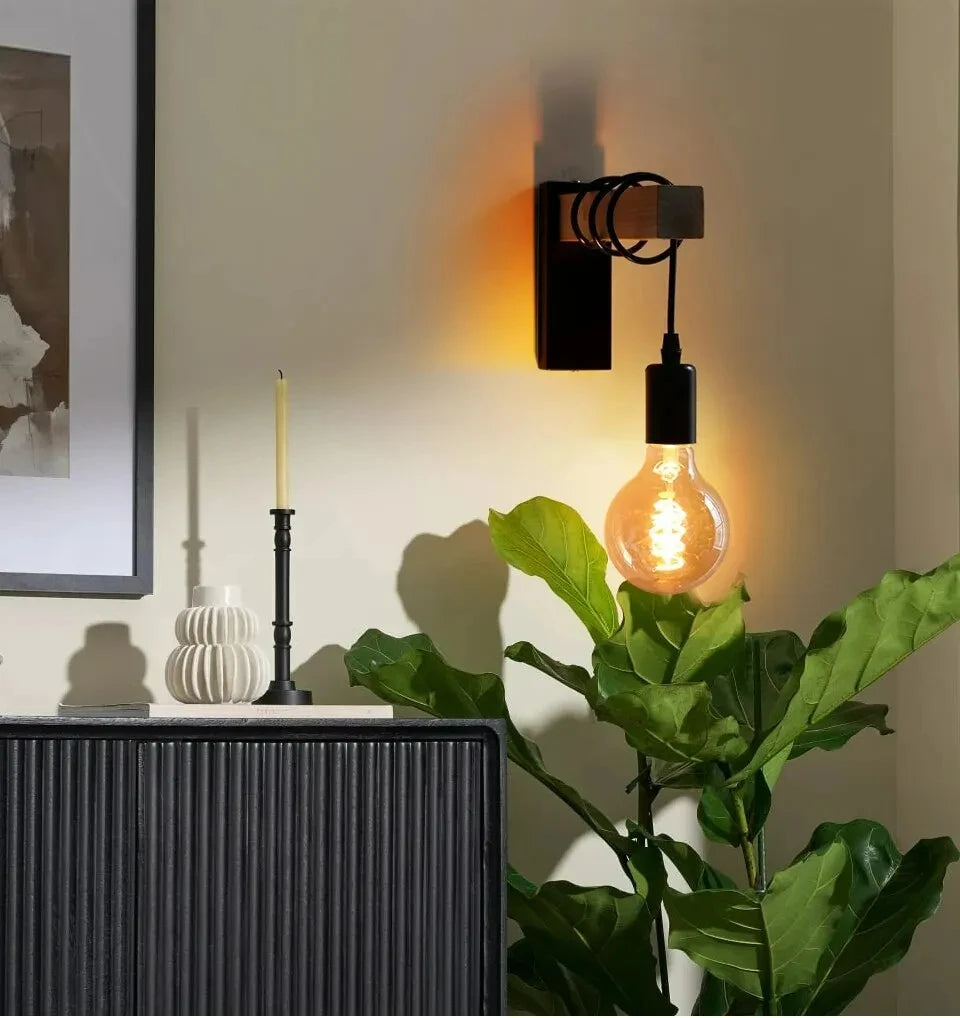 Industrial Wall Sconce for Restaurant - Natural wood finish & E27 bulb fitting