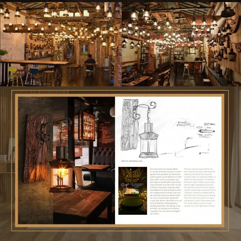 Industrial Wall Sconce for Hallway - Natural wood finish & Wrought iron frame