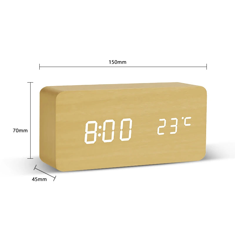 Modern LED Alarm Clock for Desk - USB powered & Natural wood finish