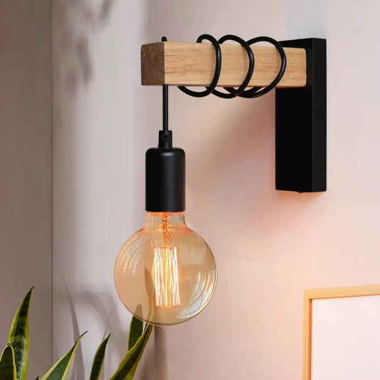 Industrial Wall Sconce for Restaurant - Natural wood finish & E27 bulb fitting