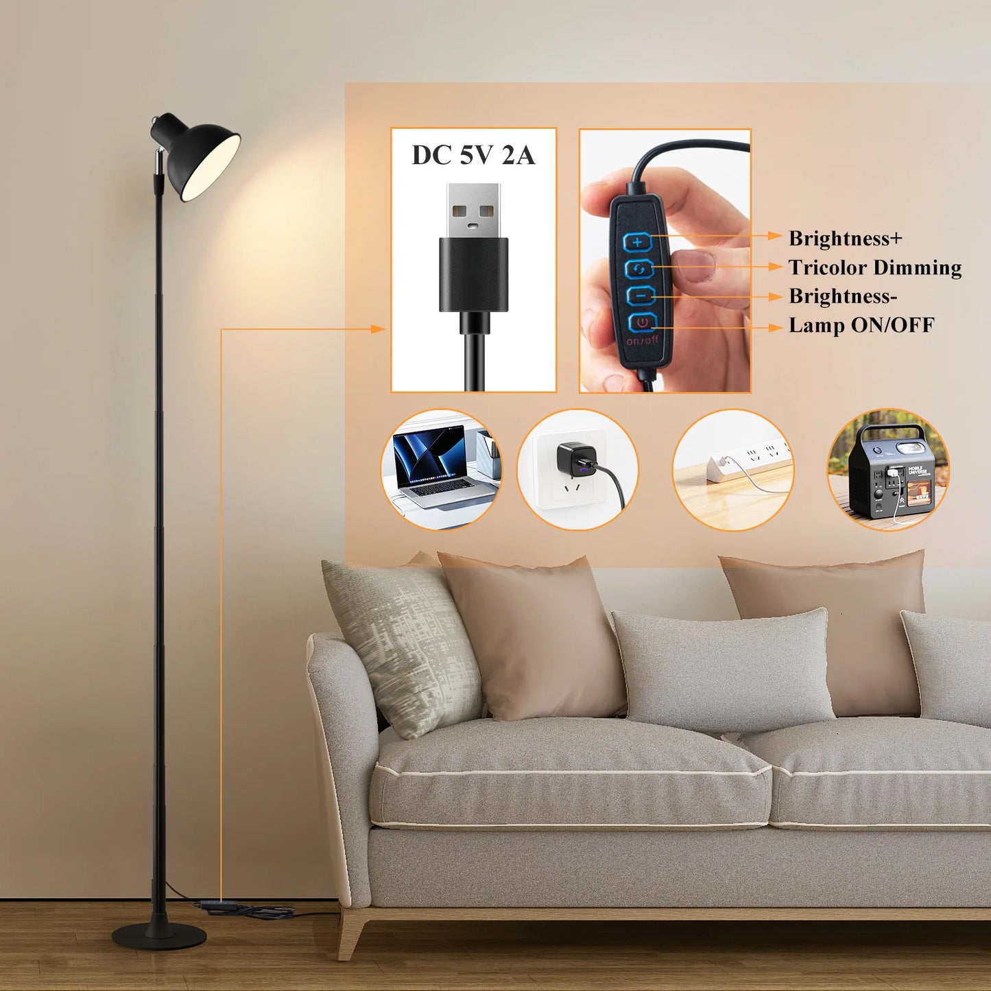 Modern Floor Lamp for Bedroom - USB powered & Stepless dimmable