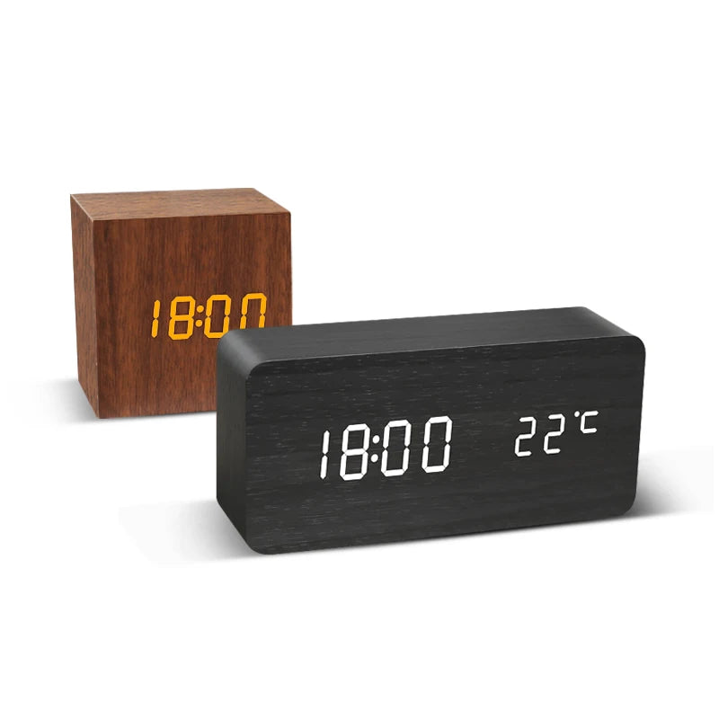 Modern LED Alarm Clock for Desk - USB powered & Natural wood finish