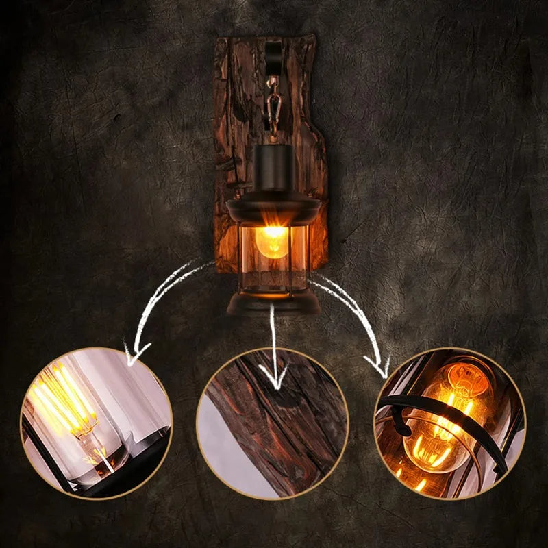 Industrial Wall Sconce for Hallway - Natural wood finish & Wrought iron frame