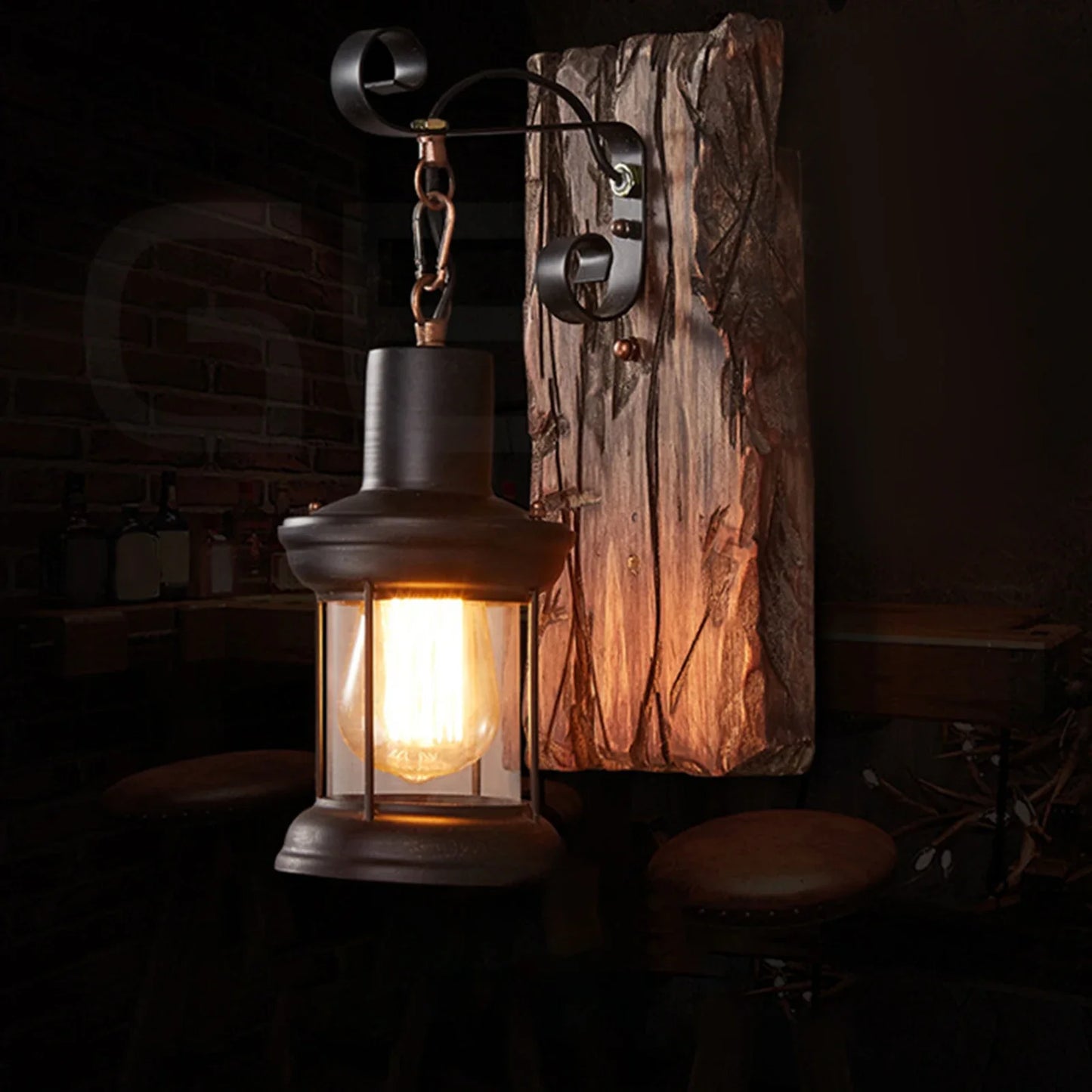 Industrial Wall Sconce for Hallway - Natural wood finish & Wrought iron frame