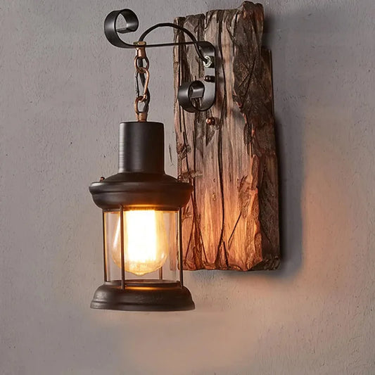 Industrial Wall Sconce for Hallway - Natural wood finish & Wrought iron frame