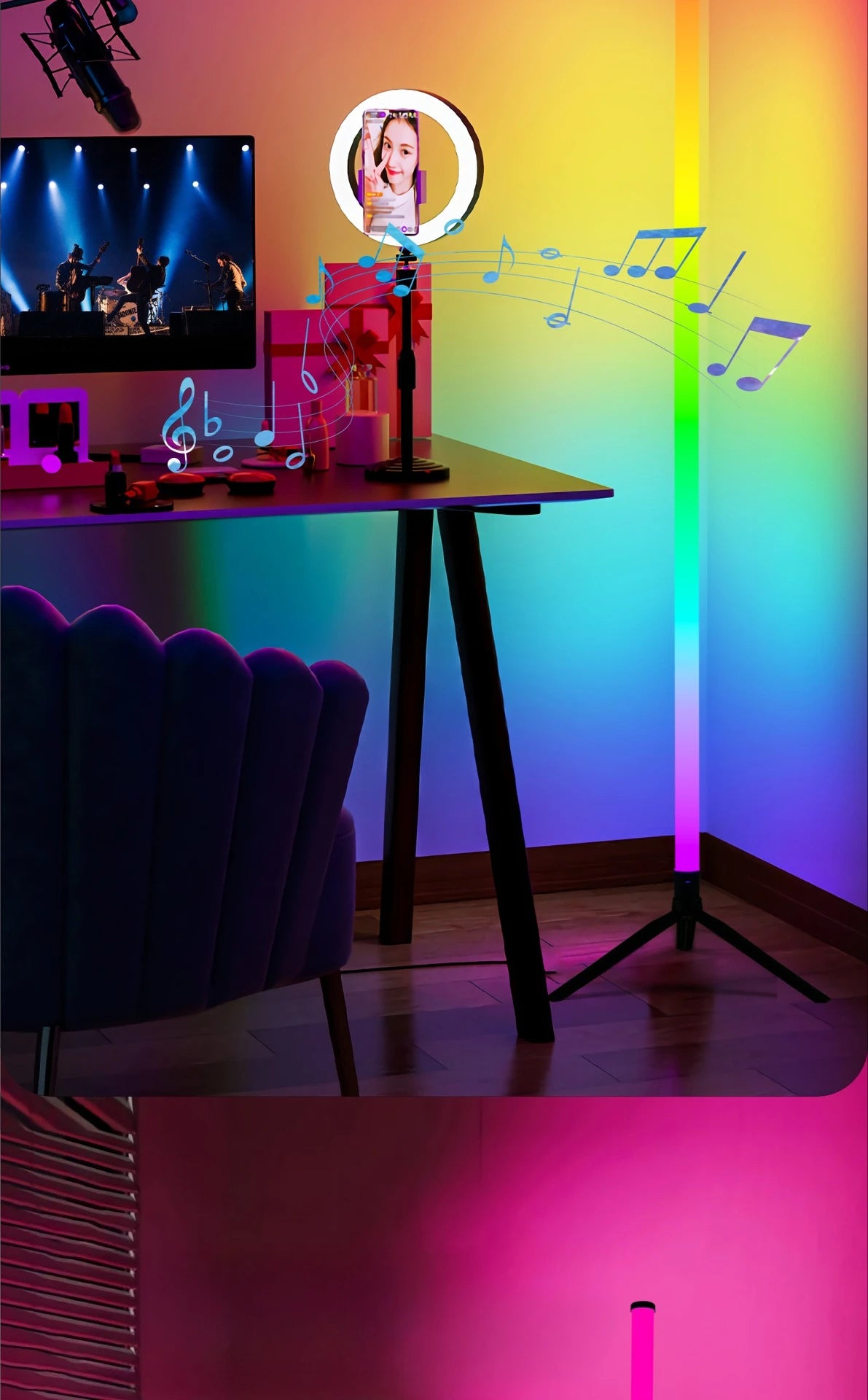 Modern Floor Lamp for Bedroom - Multicolor RGB light & Sound-reactive light